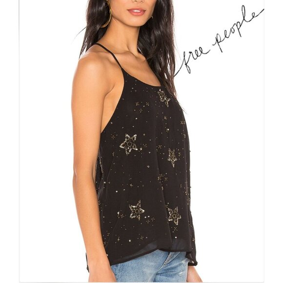 Free People Black chiffon Beaded Star Cami with adjustable raceback, M - Picture 2 of 6